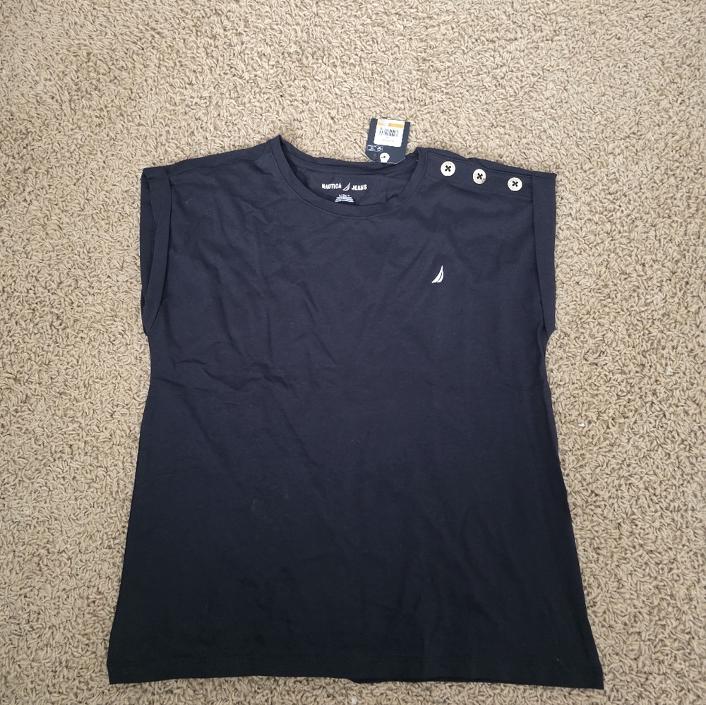 Nautica Navy Blue Button-Shoulder Top